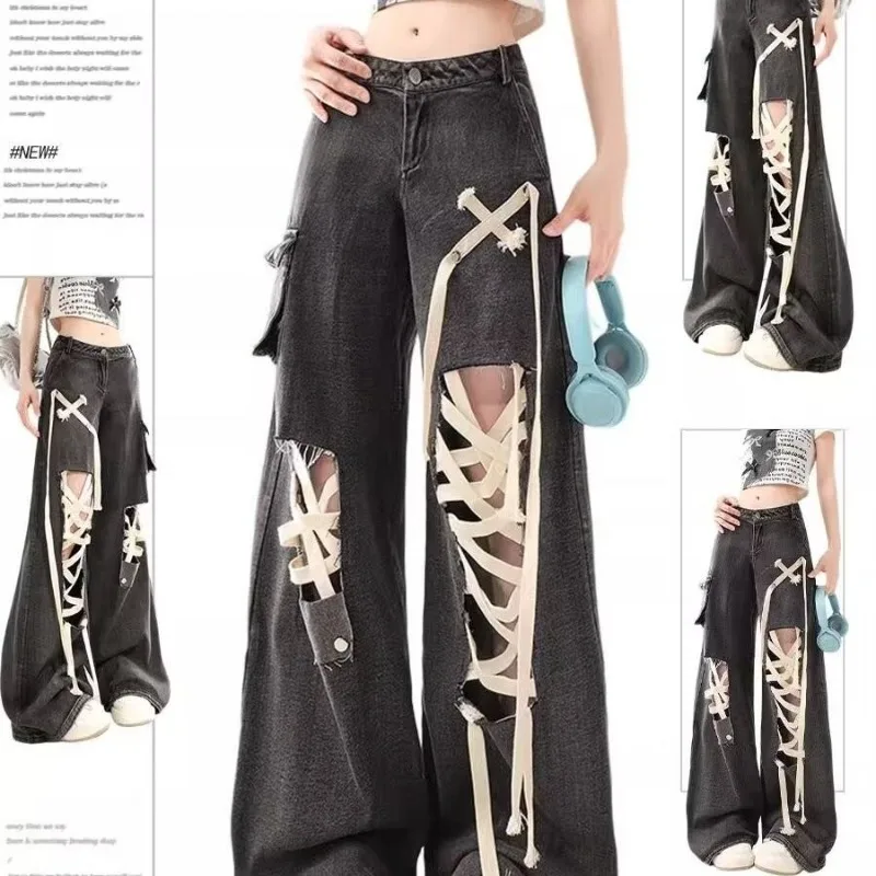 

Bandage Hole Hip-hop Trousers Harajuku Wide Leg Pants Women Streetwear Y2k Jeans Casual Fashion Straight Denim Pantalon Femme