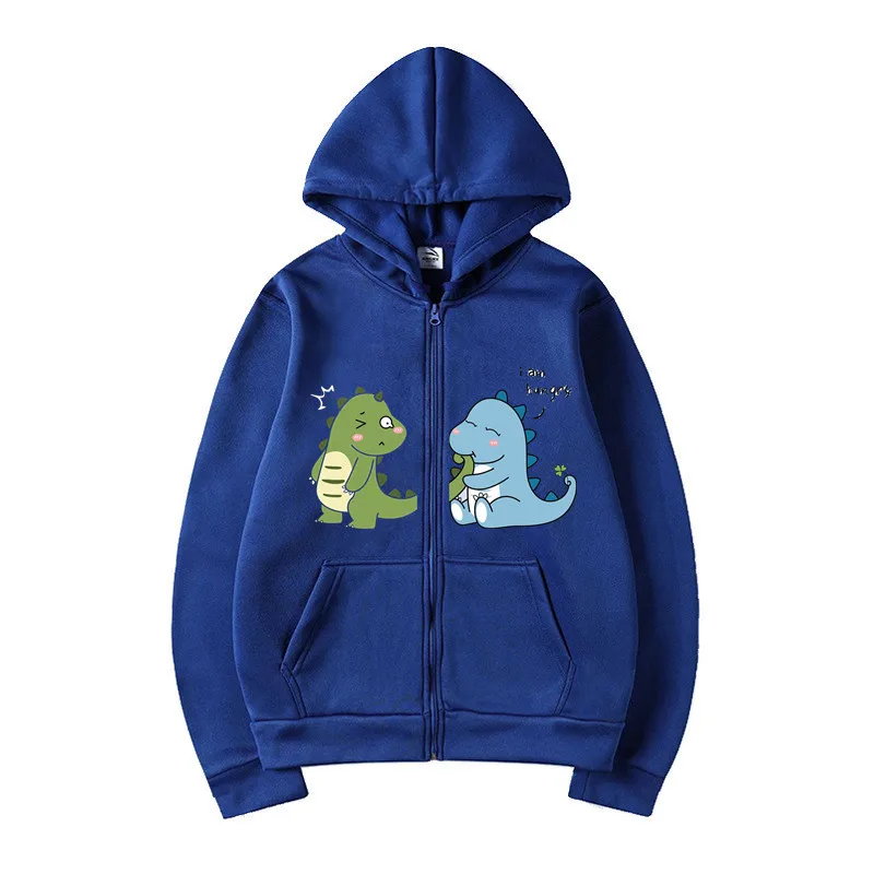 Love Crazy Dinosaur Couple Print Youth Hooded Sports Top Fleece Pullover Casual Jogging Fitness Sweatshirt