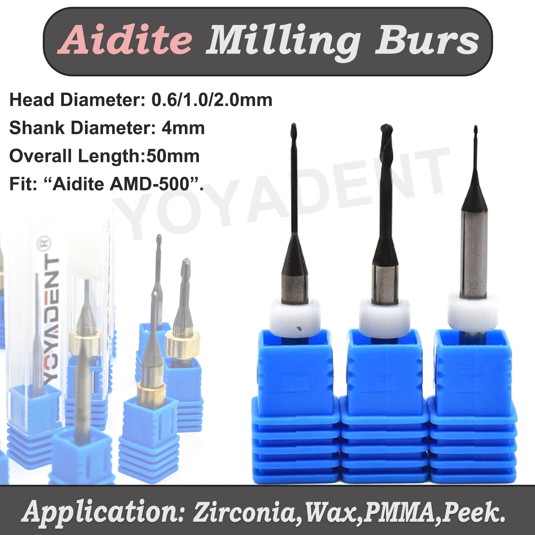 

Aidite AMD 500 Diamond Coated Zirconia Milling Bur 0.6/1.0/2.0mm For Cutting Zirconia PMMA Disc Dentistry Milling Machine