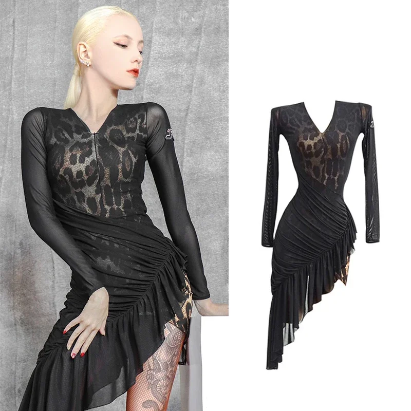 

Women Long Sleeved Sexy Leopard Print Mesh Irregular Dress Adult Latin Dance Wear Latin Dance Competition Dress