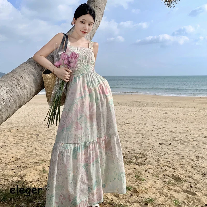 

Gentle Sweet Style Elegant Fashion Midi Dresses Floral Strappy Long 2023 New In Dresses Slim Casual Beach Clothing for Women