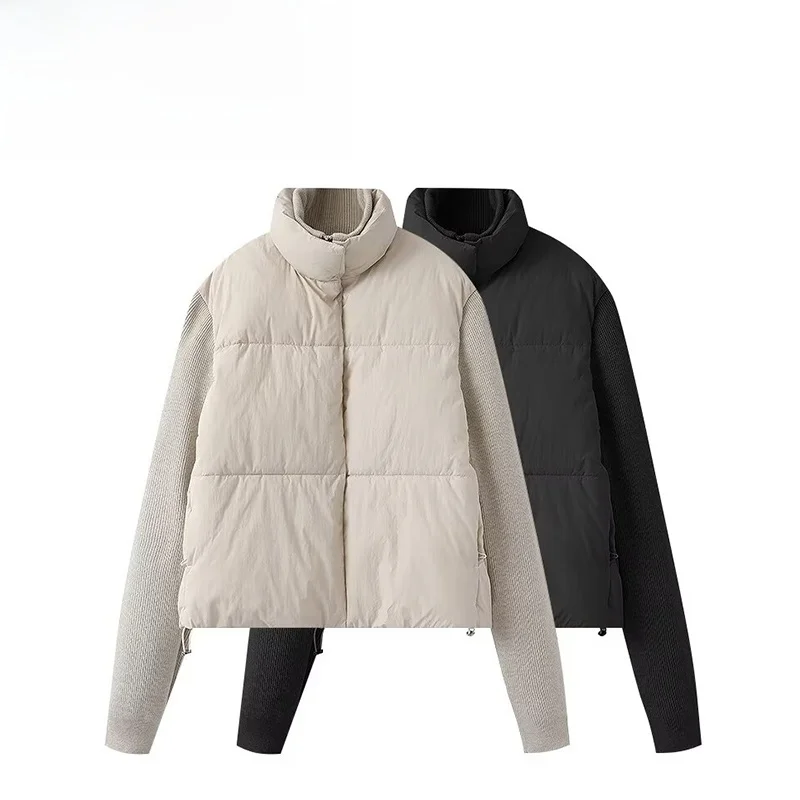

ZAB Autumn New Faionable Knitted Patchwork Cotton Jaet Women's Street Sle Long Sve Zipper Stand Collar Coat
