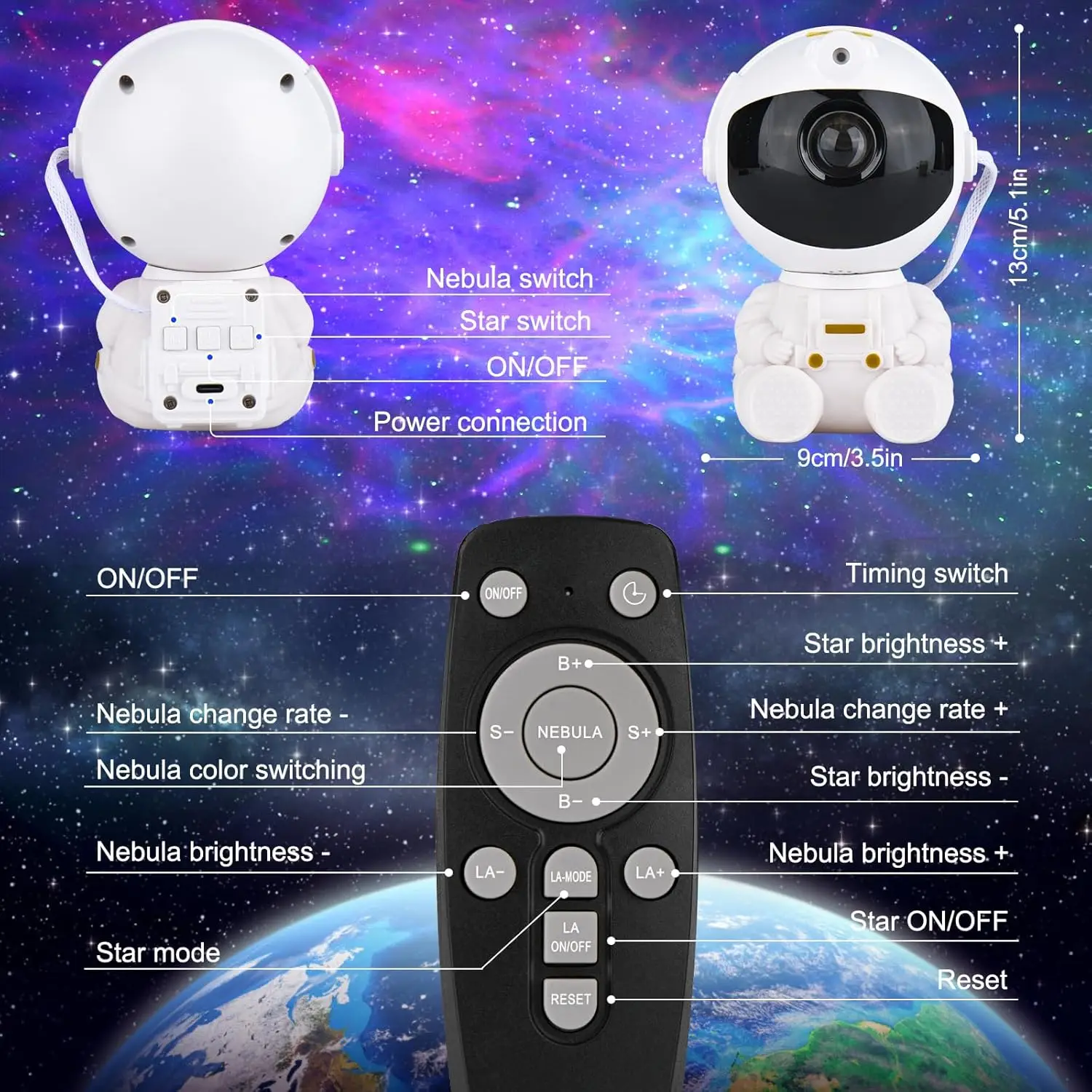 ミニ宇宙飛行士銀河プロジェクター、星空と星雲ライト、リモコン付き、調光可能な色変更、コード式、家の装飾用