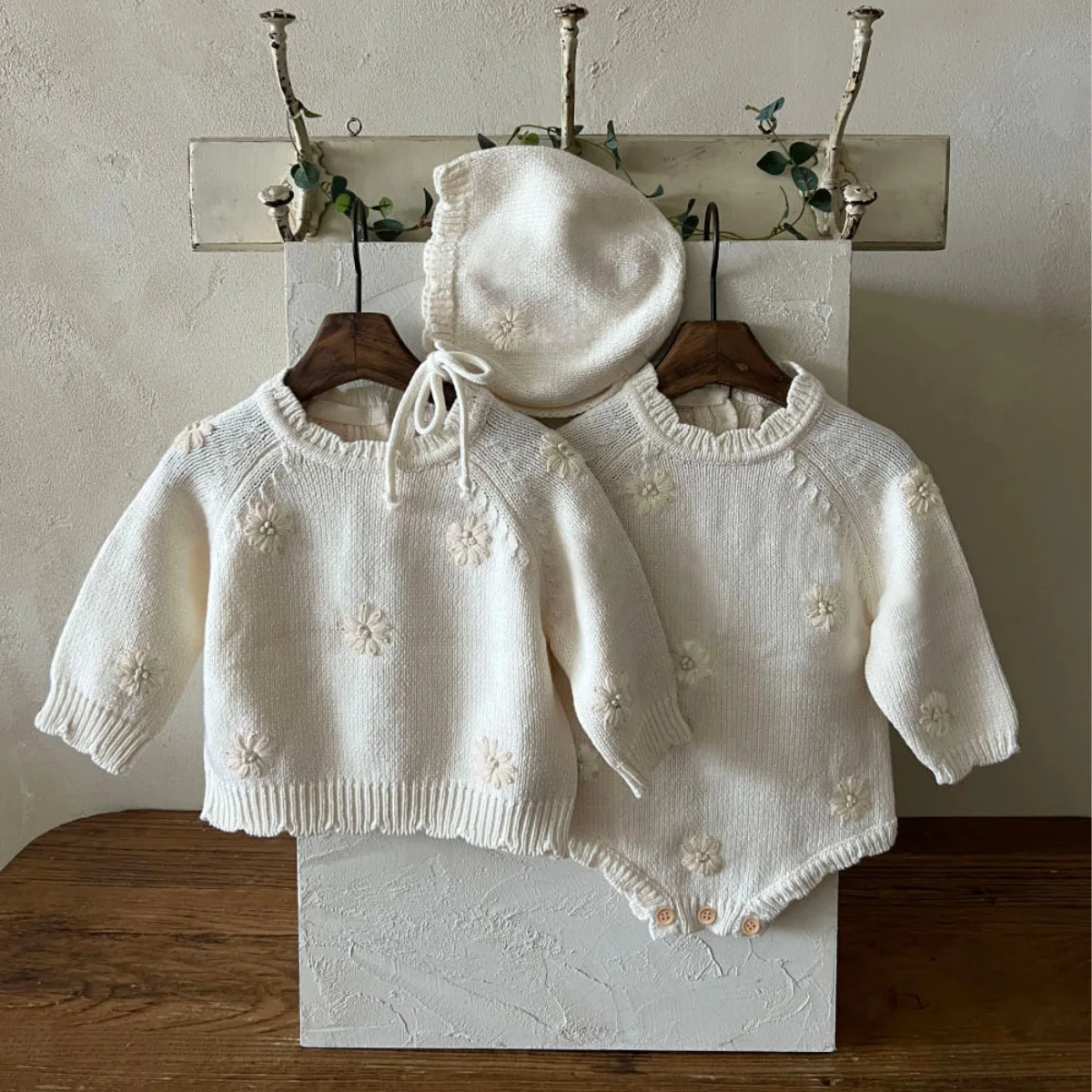 2026 Spring New Baby Long Sleeve Knitted Bodysuit + Hat Infant Boy Girl Sweet Flower Sweater Jumpsuit Toddler Clothes 0-24M