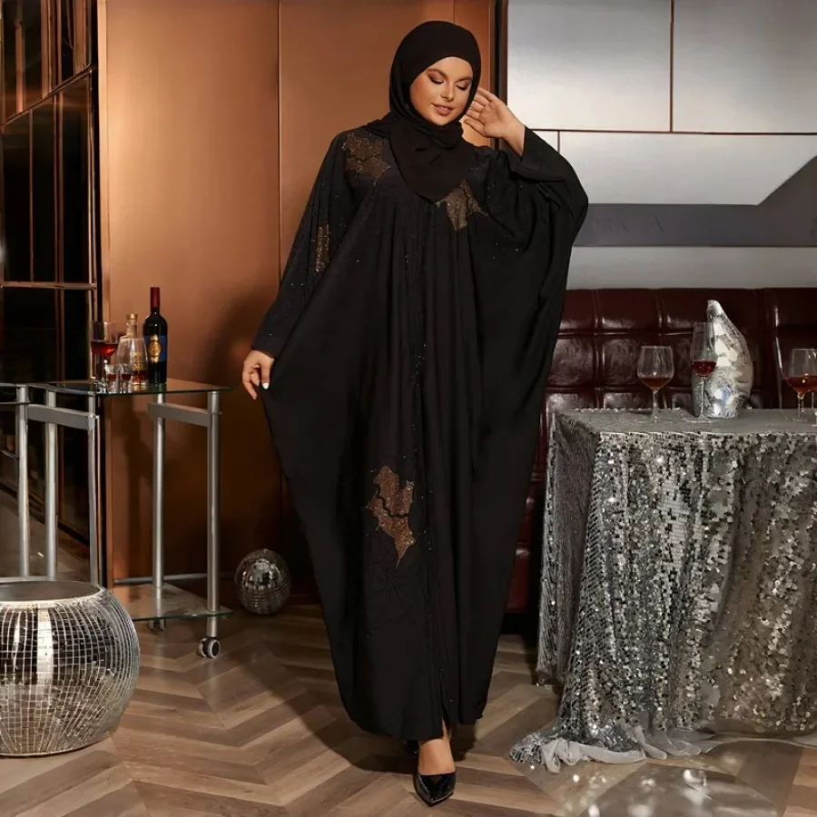 Arab Ramandan Black Abaya Modest Muslim Boubou Kimono For Women Fashion Dubai Luxury Rhinestone Chiffon Kaftan Islamic Clothing