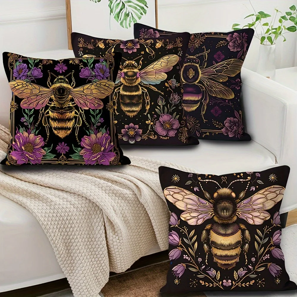 Mystical Vintage Bee Pattern Print Home Decor Pillowcase Bedroom Living Room Sofa Decoration Polyester Cushion Cover with Zipper