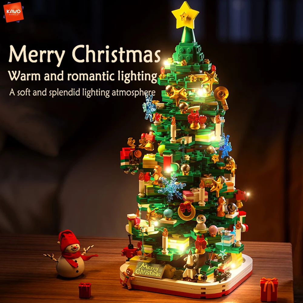 KAVOWORLD 1156PCS Christmas Tree Building Blocks Set with LED Lights Creative Xmas Desktop Decor Bricks Toy Holiday Gift for Boy