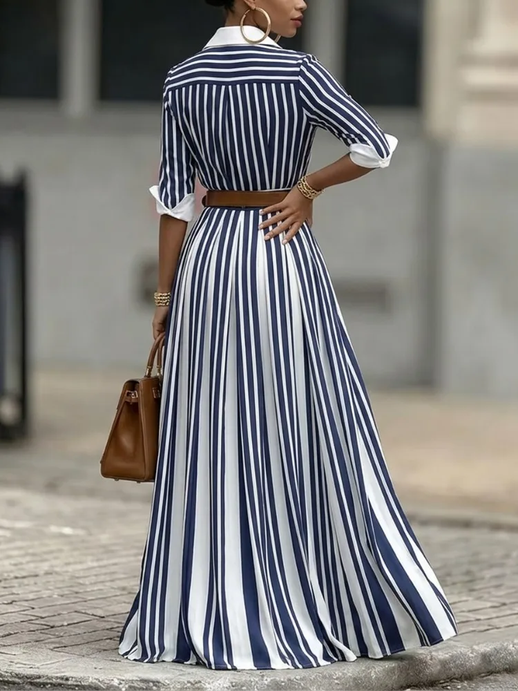 Yeezzi Damen-Hemdkleid mit kontrastfarbenen Streifen und Revers, halbe Ärmel, hohe Taille, elegantes, lässiges Büro-Maxikleid ohne Gürtel – Detail 10