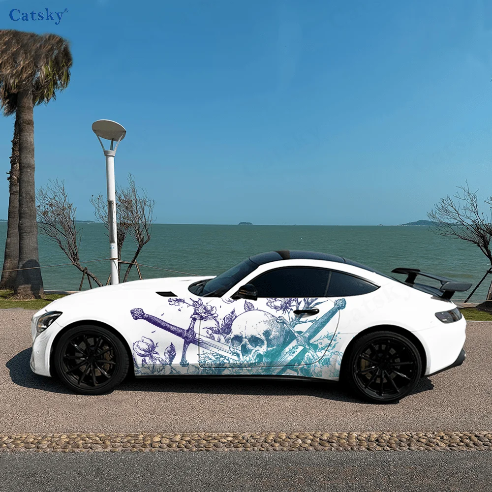 Gradient Skull Sword Car Vinyl Wraps Decal Self-adhesive PVC Sticker Suitable for Trucks SUV Decoration Auto Accessories Gift