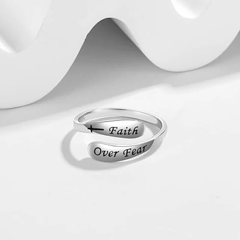 Huitan 925 Sterling Silver Incentive Opening Rings Faith Over Fear Engraving Words Finger Accessories Encourage Positive Jewelry