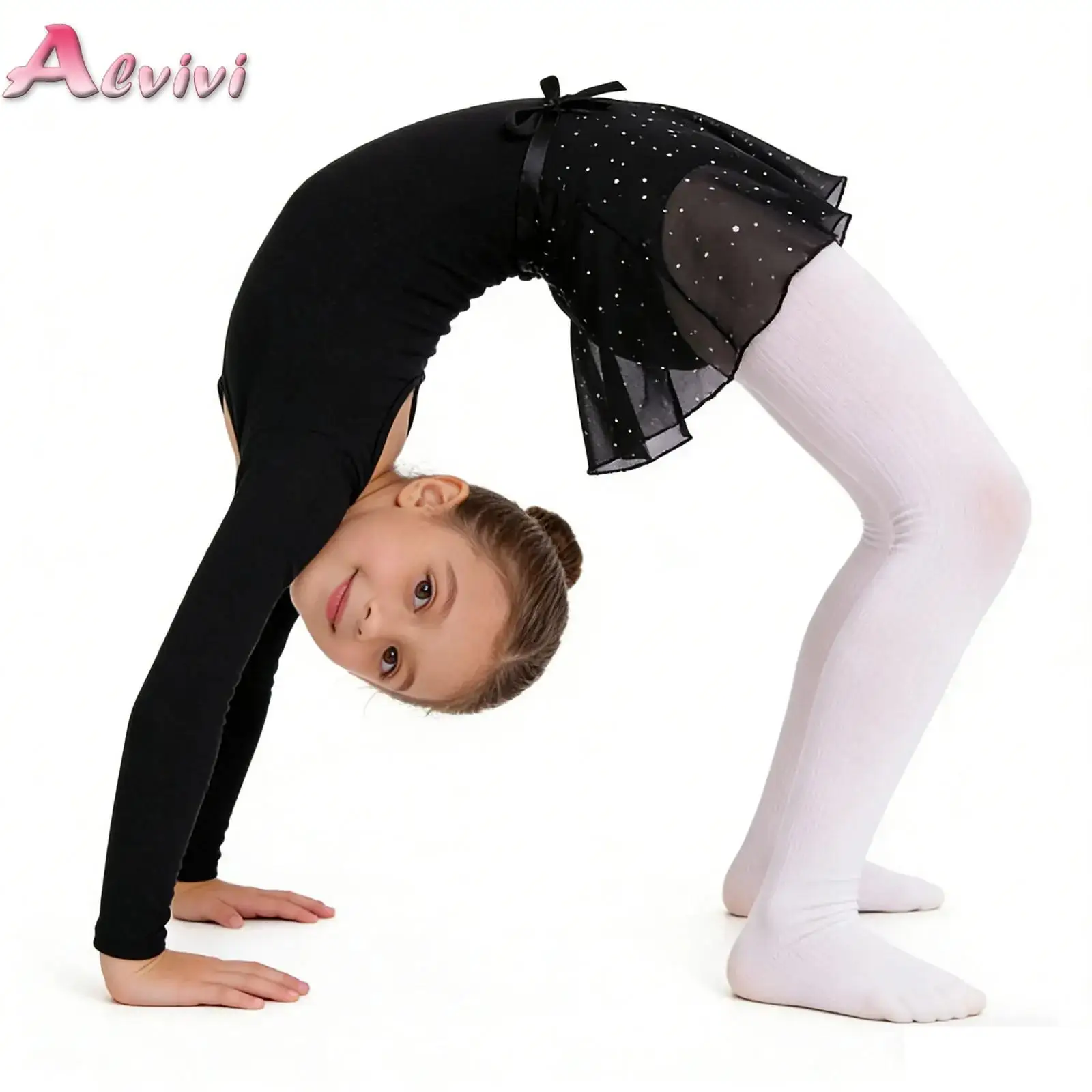 Kids Girls Ballet Dance Gymnastics Outfit Crisscross Back Long Sleeves Leotard with Sequin Skirt Set for Performance Competition