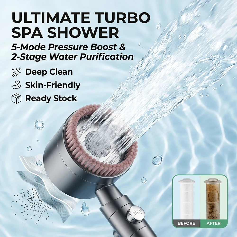 High Pressure Handheld Shower Head With Filter 5 Settings Water Saving One Button Pause Switch For Luxury Home Bathroom Spa