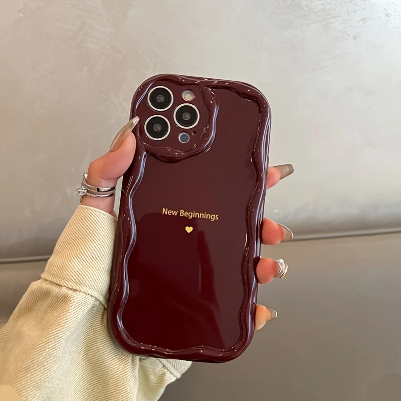 Neue Anfänge Retro Weinrote Wellenförmige Handyhülle für iPhone 17 15 13 11 12 14 16 17 Pro Max Plus mit Linsenschutz Silikonhülle für Damen – Detail 2