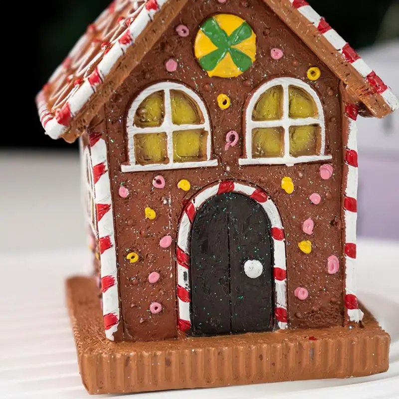 Gingerbread House Resin LED Gingerbread House Christmas Decorations Collectible Christmas Village Cottage Statue for Tabletop