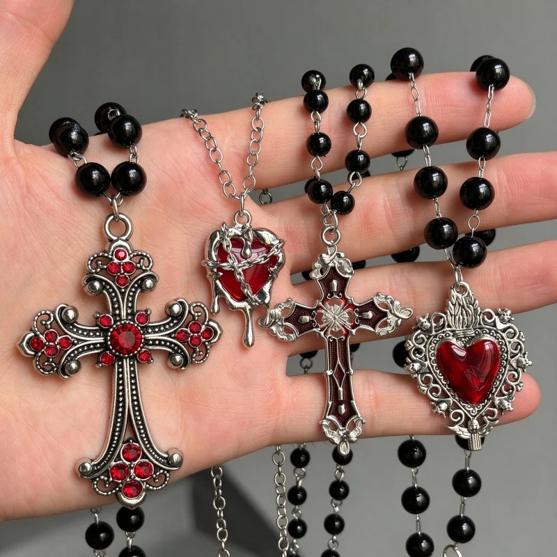 Vintage Gothic Ruby Heart Cross Rosary Necklace, Thanksgiving & Christmas, Unisex, For Daily Wear, Party & Gift Giving