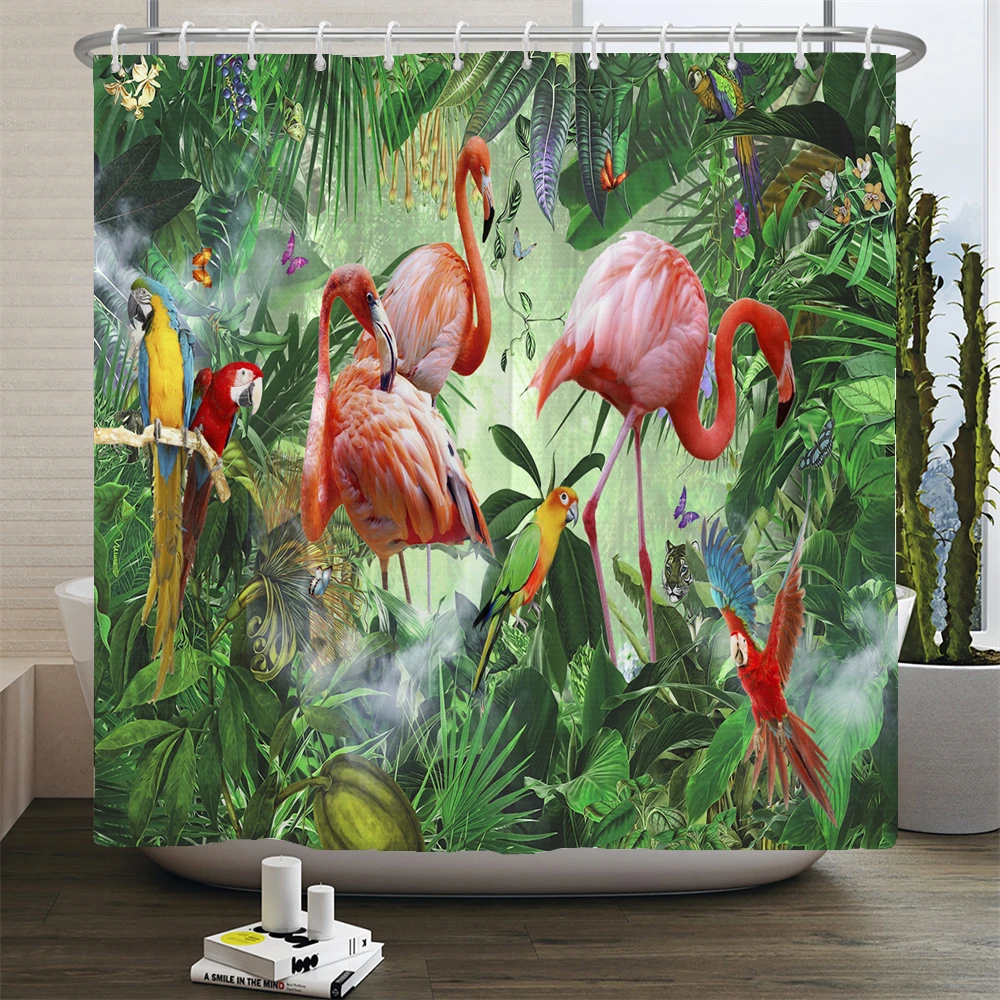 Pink Flamingo Shower Curtain Printed Tropical Plant Flowers Polyster Bathroom Curtain Home Decor Curtain with Hooks Wall Cloth