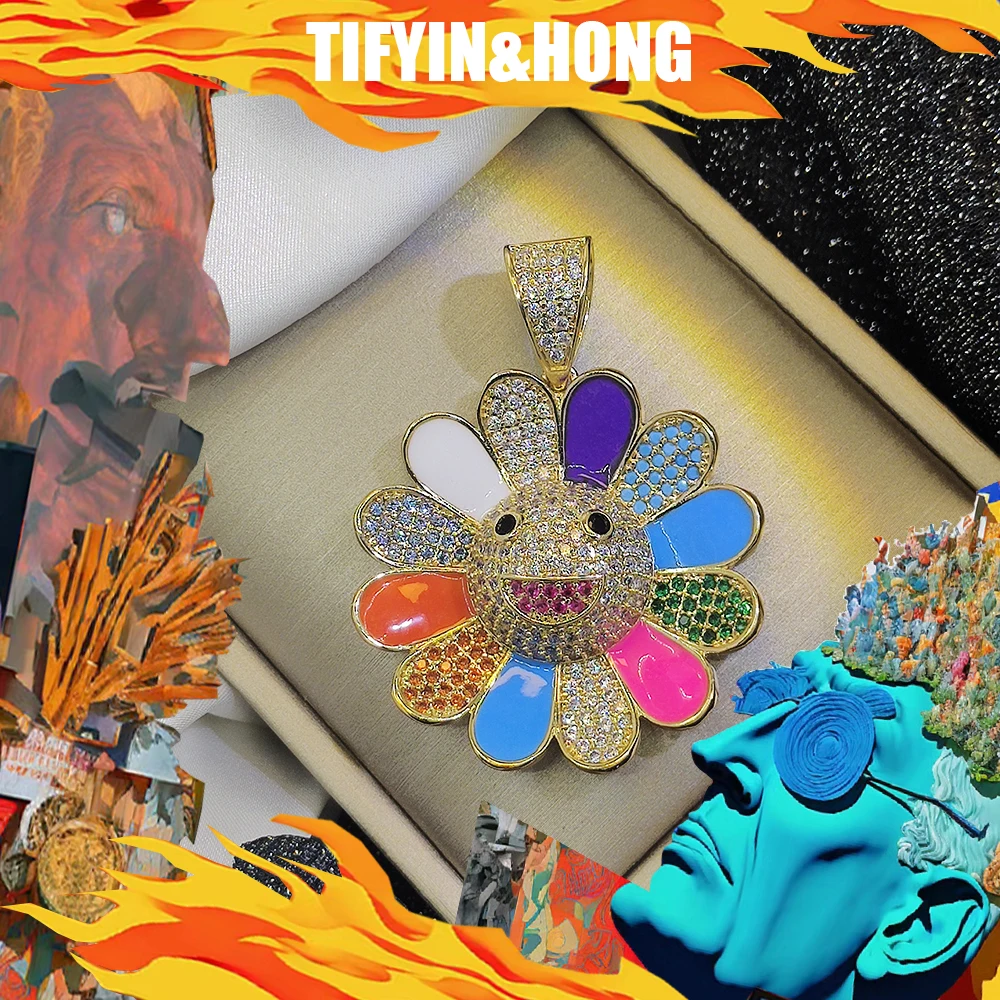 Trendy new graffiti sunflower pendant paired with 18K gold-plated necklace, exquisite packaging, suitable for hip-hop rap, gift