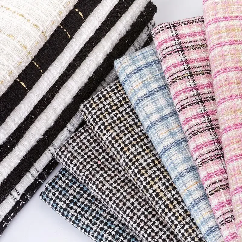 Tweed Fabric By The Meter for Coat Bag Waistcoat Skirt Diy Needlework Sewing Thick Soft Warm Cloth Plaid Striped White Pink Blue