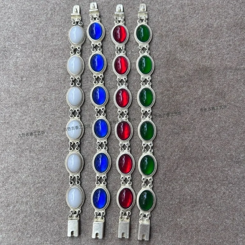 Vintage Collectible Bracelet, Hand‑Inlaid Oval Cabochon Gemstone Adjustable Opening Bangle Wrist Jewelry