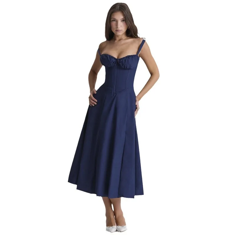 Abito da donna con stampa floreale in tinta unita 2024 estate elegante solido sottile senza maniche Slip femminile con spacco laterale in vita Lady a-line Robe