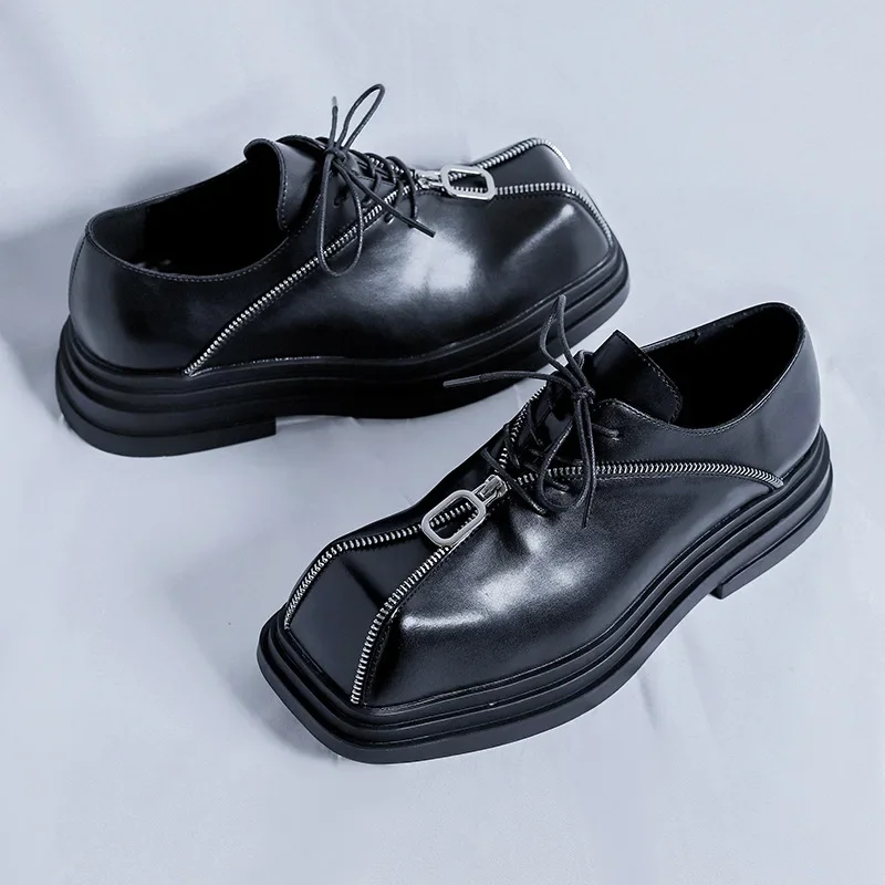 New Fashion Zip Design Man Derby Shoes Waterproof Men Square Toe Party Dress Shoes Young Man Leather Casual Shoes Black