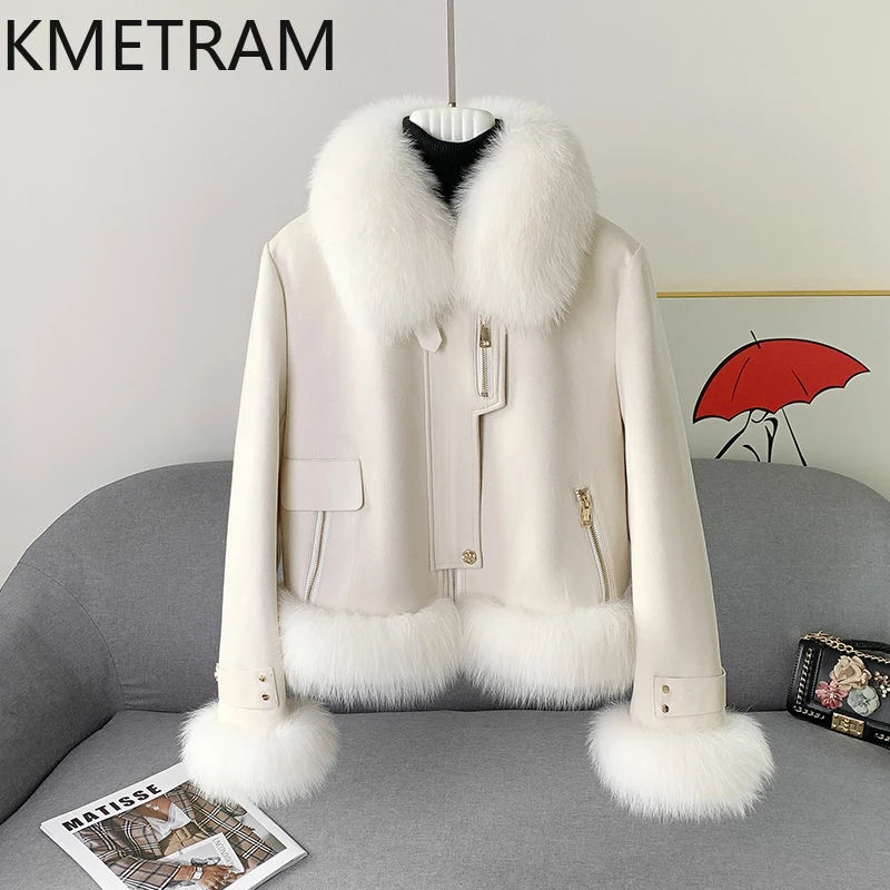 KMETRAM 100% フォックスファーカラー付き割引ファーコート（女性用）-日常着に最適-耐久性があり、スリム効果あり-2025年冬 шуба женская