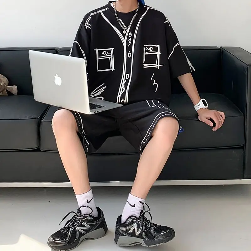 Summer Elegant Fashion Harajuku Slim Fit Ropa Hombre Loose Casual All Match Sports Suit Ice Shreds Short Sleeve Two Piece Set