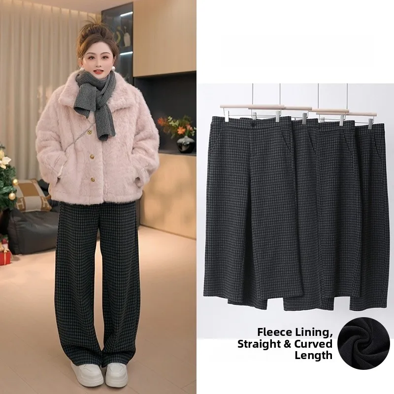 

Женские брюки в клетку больших размеров, зимние утепленные бархатные повседневные брюки с высокой талией, прямые штанины, смесь полиэстера, теплые, модные