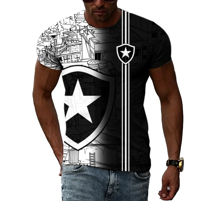 

Summer Casual Loose Fitting Men's T-shirt, Striped Black and White Color Scheme, Five Pointed Star 3D Printed Pattern, Urban