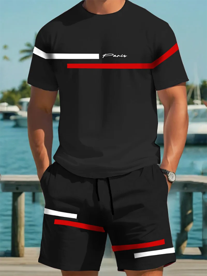 

Men's Summer Trendy Casual Shorts and Short-Sleeved Suit Combination with Contrasting Color Stripes Pattern T-Shirt