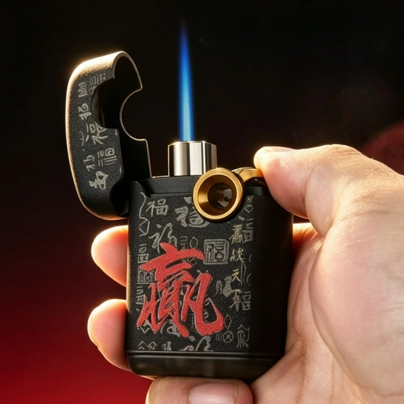 2026 HONEST Double sided Lucky Text Windproof Jet Blue Flame Butane Gas Torch Lighter Outdoor Portable Cigar Lighters Smoking