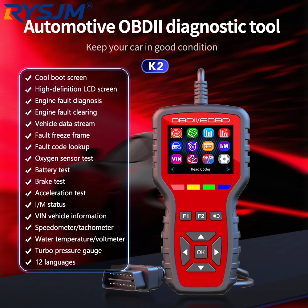 

Многоязычный диагностический сканер K2 OBD2 для автомобилей: считывание и удаление кодов неисправностей, данные в реальном времени, тестирование производительности, автозапчасти