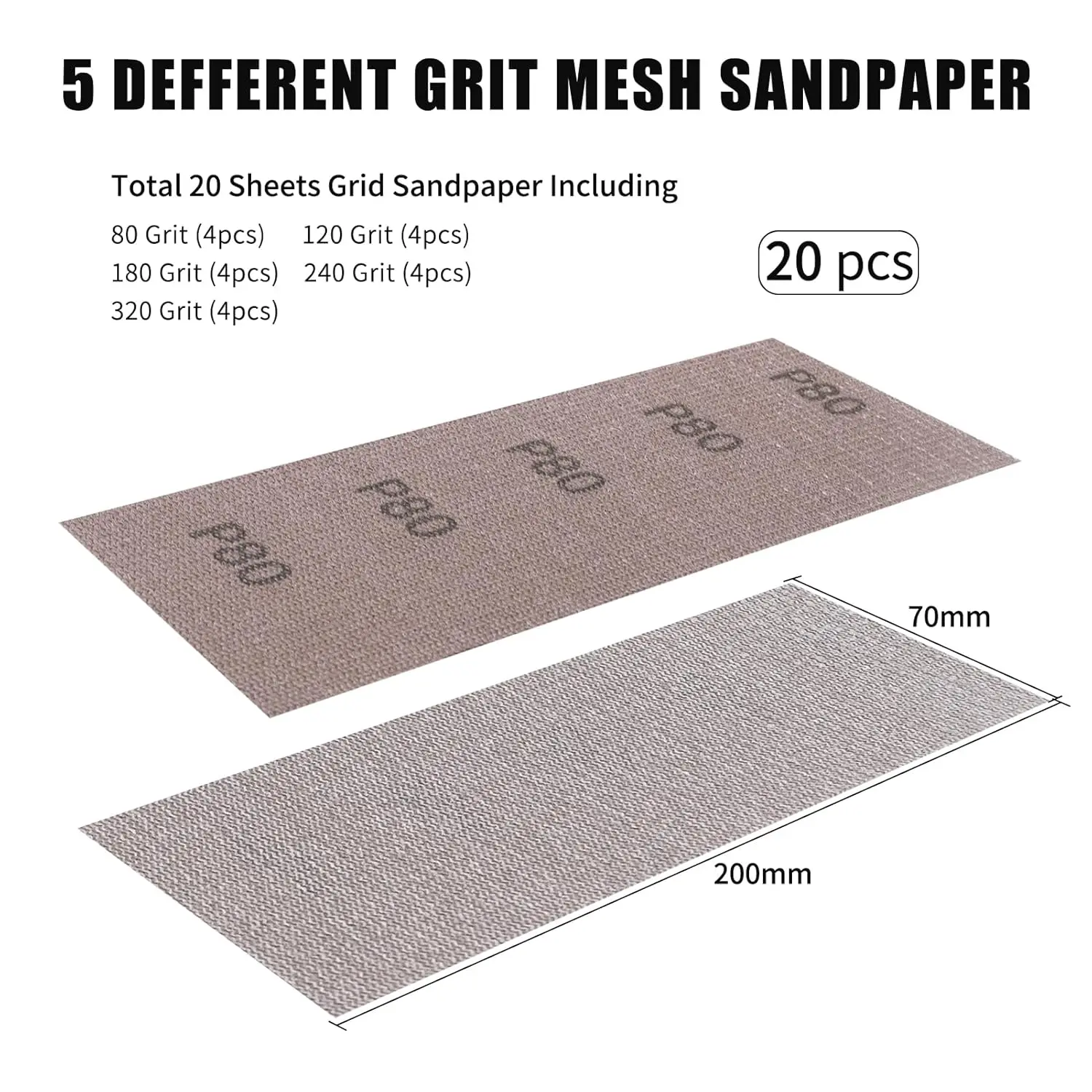 Mesh Sandpaper 200*70mm Hook and Loop Sanding Disc Dust Free Assortment 80-320Grit for Auto Wood Drywall Metal Polishing,20 Pack