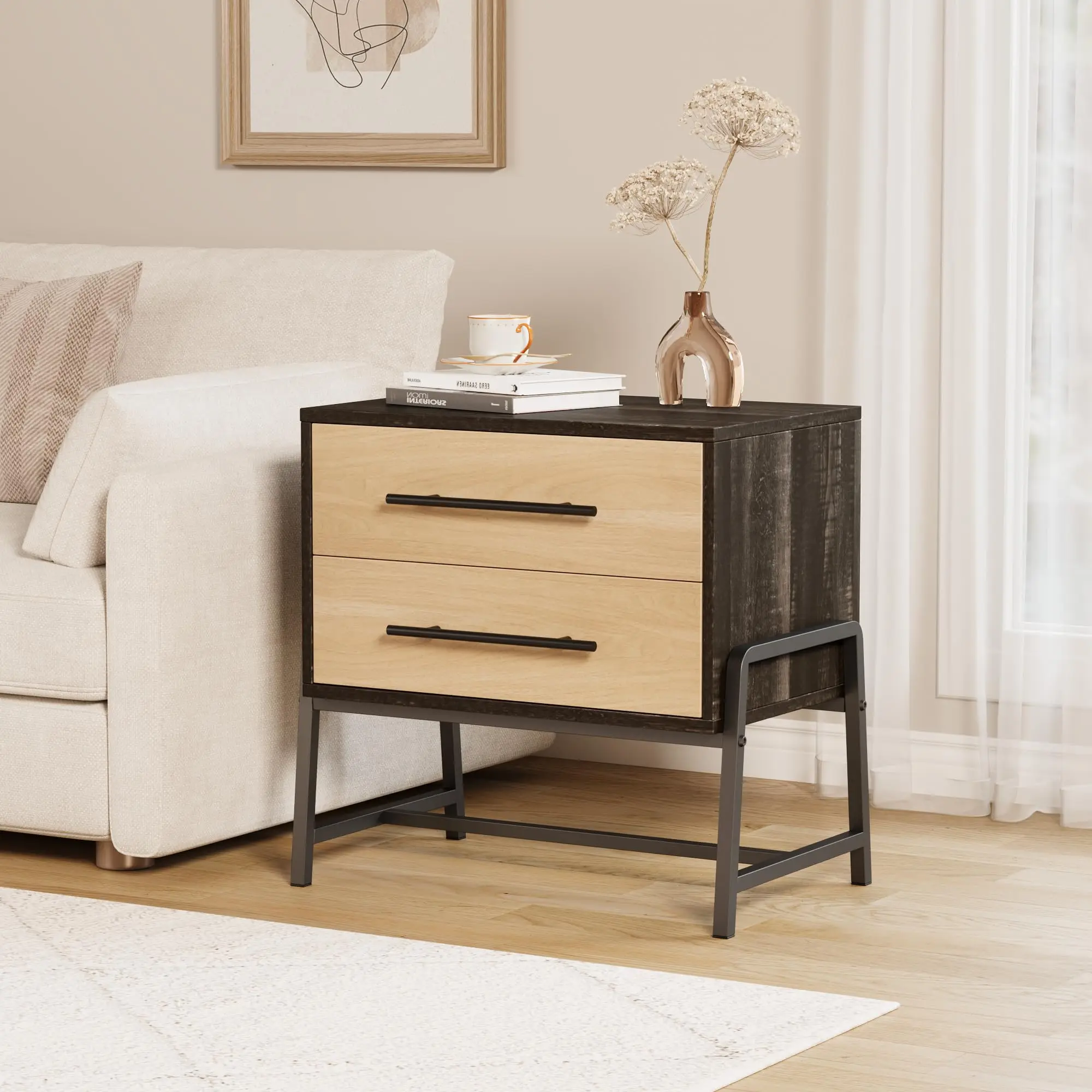 Wood Bedside Table with Metal Legs, 2 Drawer Sofa Side Table, Rustic Storage Cabinet, 2 Drawer for Bedroom, Living Room