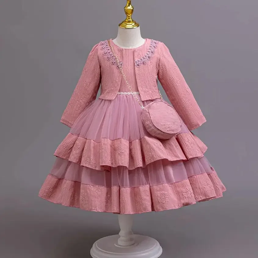 Girls Sleeveless Dress + Long Sleeve Coat 3 Pcs Suit Children's Party Princess Gown for Performance Party Holiday
