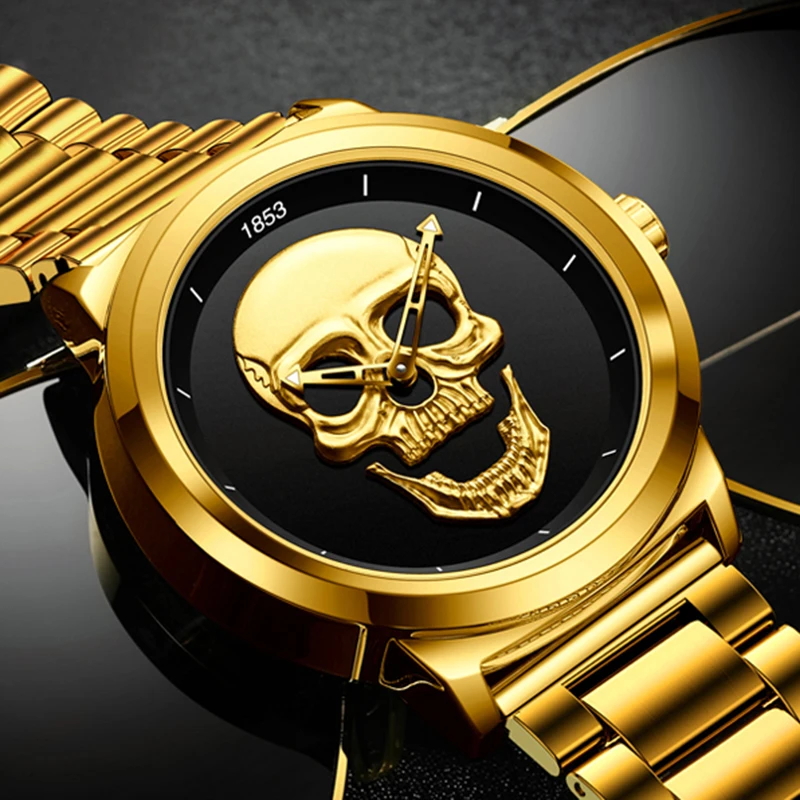 LIGE Top Luxury Brand Gold Black Skull Men Watches with Stainless Steel Sports Waterproof Quartz Clocks Male Creative Wristwatch