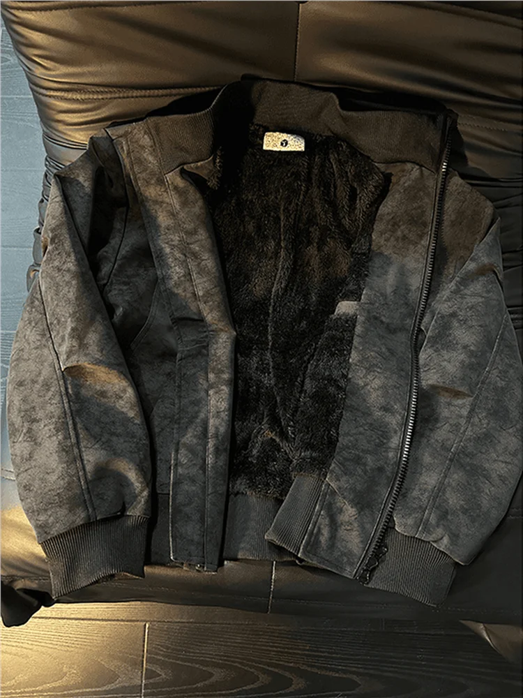 

Утепленная черная куртка из искусственной кожи с эффектом окрашивания, мужская зимняя куртка из искусственного меха норки, короткое американское хлопковое пальто