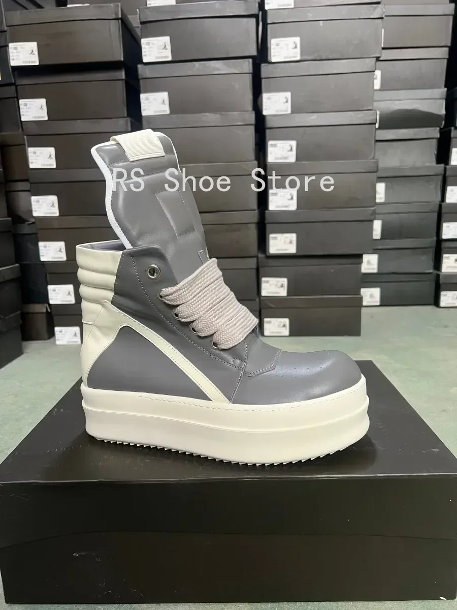 Ro مصمم أحذية الرجال حذاء رياضة رمادي النساء رمادي جلد حذاء بوت بطول الكاحل جامبو الأربطة منصة 6 سنتيمتر نعل سميك عالية أعلى حذاء كاجوال