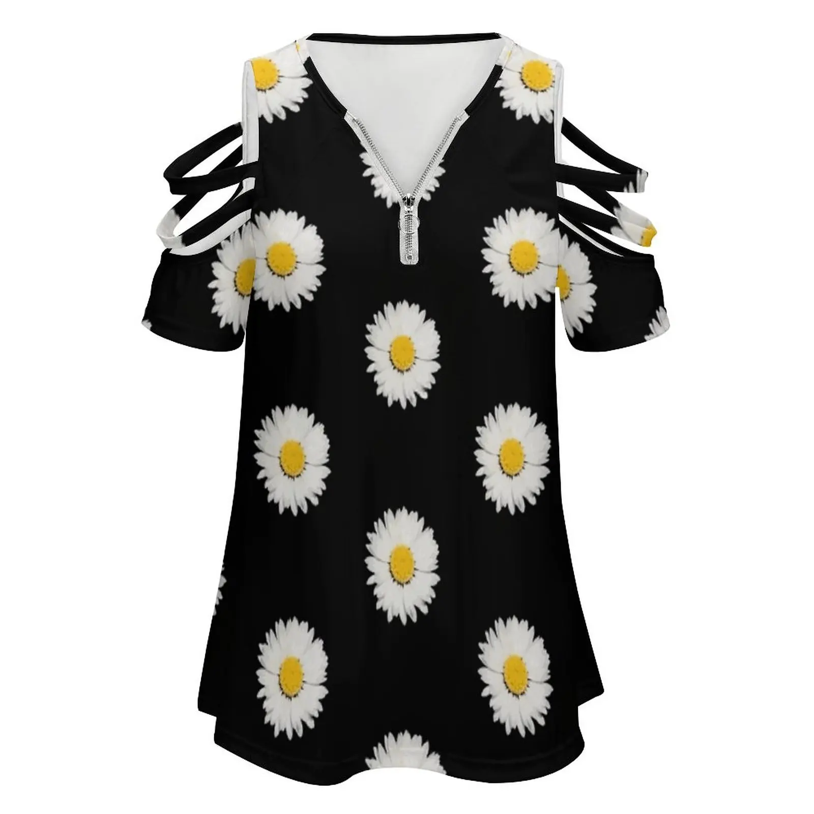 Nine Common Daisies Isolated On A Black Background Women Zipper Sexy Printed Vintage T Shirts Tops Full Print T-Shirt Yellow