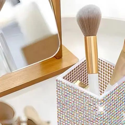 Bling Diamond Pen Container with 3 Slots Pencil Holder Makeup Brush Storage Box Rhinestone Desktop Dressing Table Organizer Tool