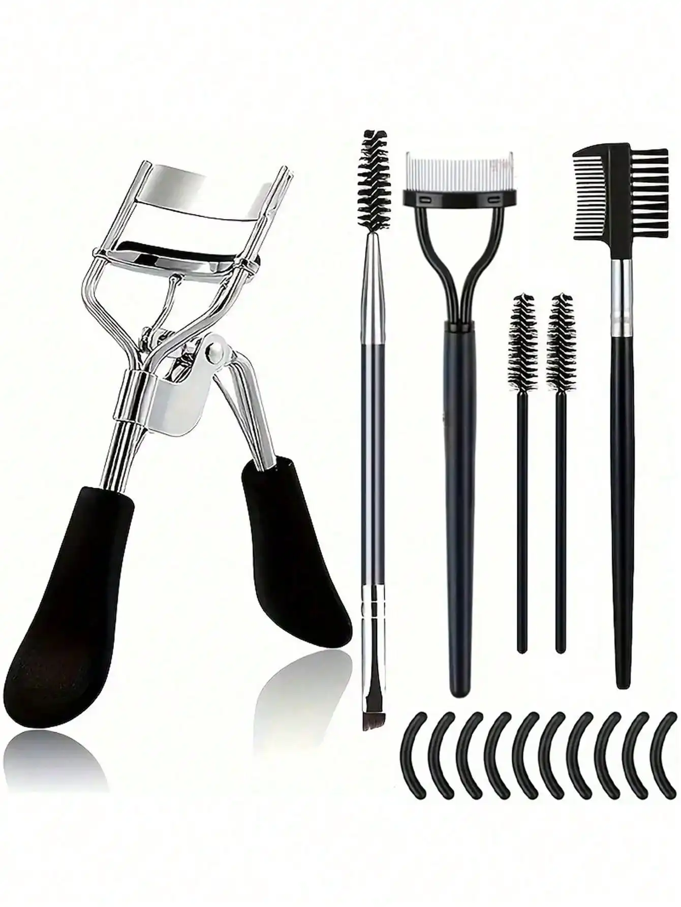 16-Piece Stainless Steel Eyelash Curler Set, Includes 1 Eyelash Curler, 1 Eyelash Comb, 2 Eyelash Rollers, 1 Angled Dual-Ended Brow Brush, 1 Brow Brush, And 10 Silicone Refill Pads, For Eyelashes And Brows,Makeup,Cheap,Room Decor,Vanity,Travel,Bedroom,Mak