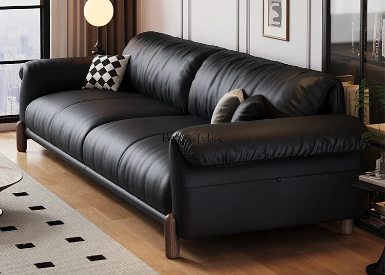 

Italian minimalist leather sofa first layer cowhide black medieval
