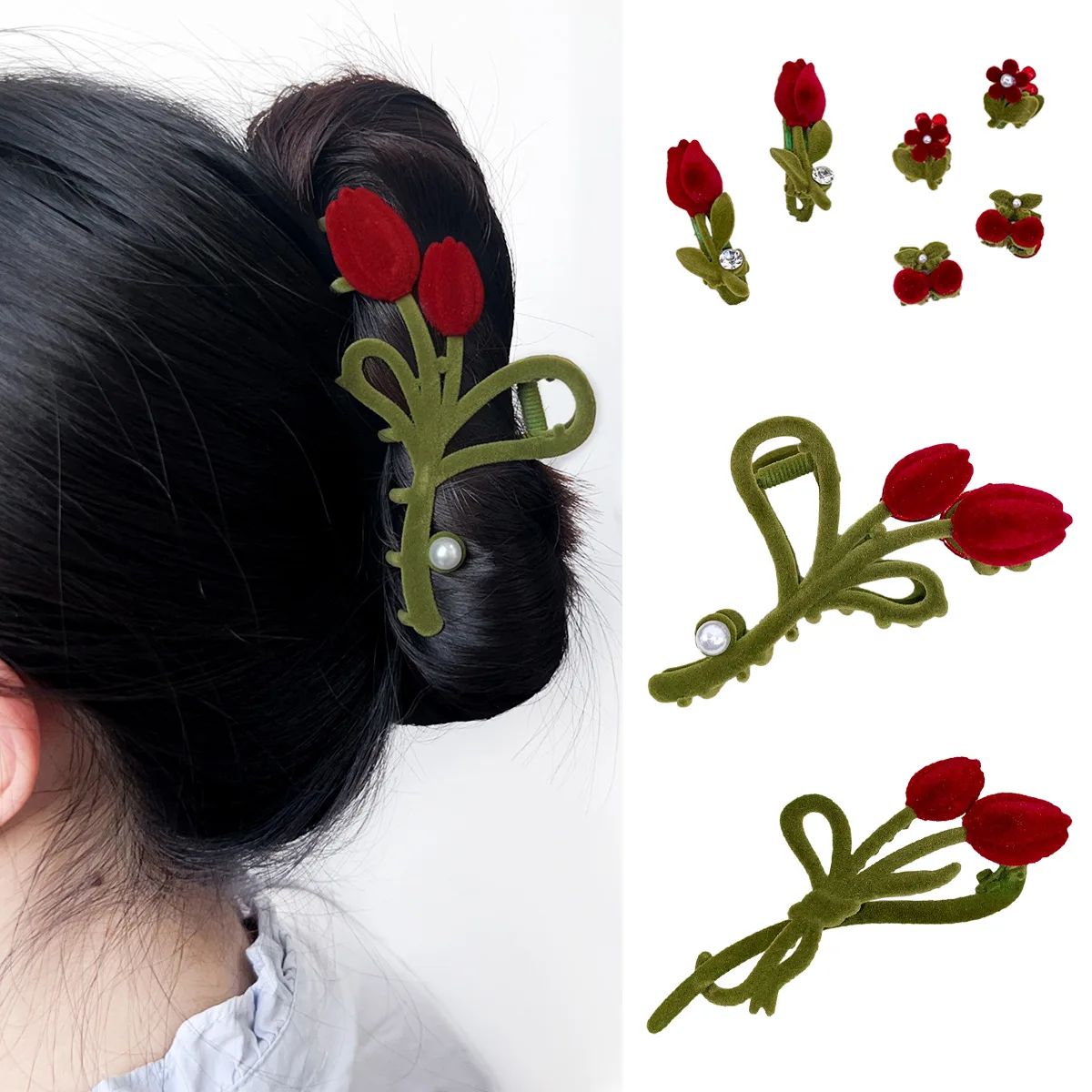 

1 Pcs Ladies' Hair Clips Dopamine Alloy Velvet Tulip Flower Elegant Sweet Women's Hair Claws Versatile Hair Accessories Girls