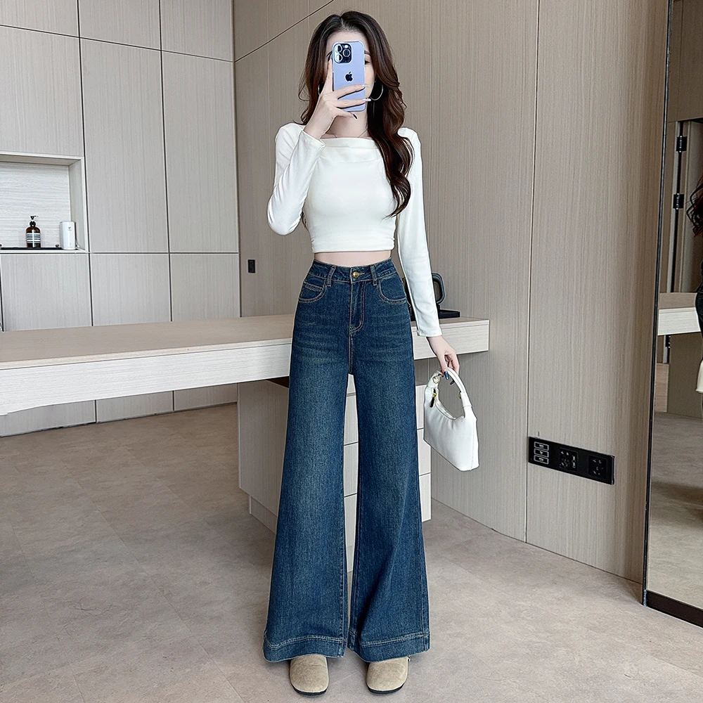 Real Shot Autumn American‑Style Stretchy Versatile Denim Straight‑Leg Wide‑Leg Pants For Petite Women - view 5