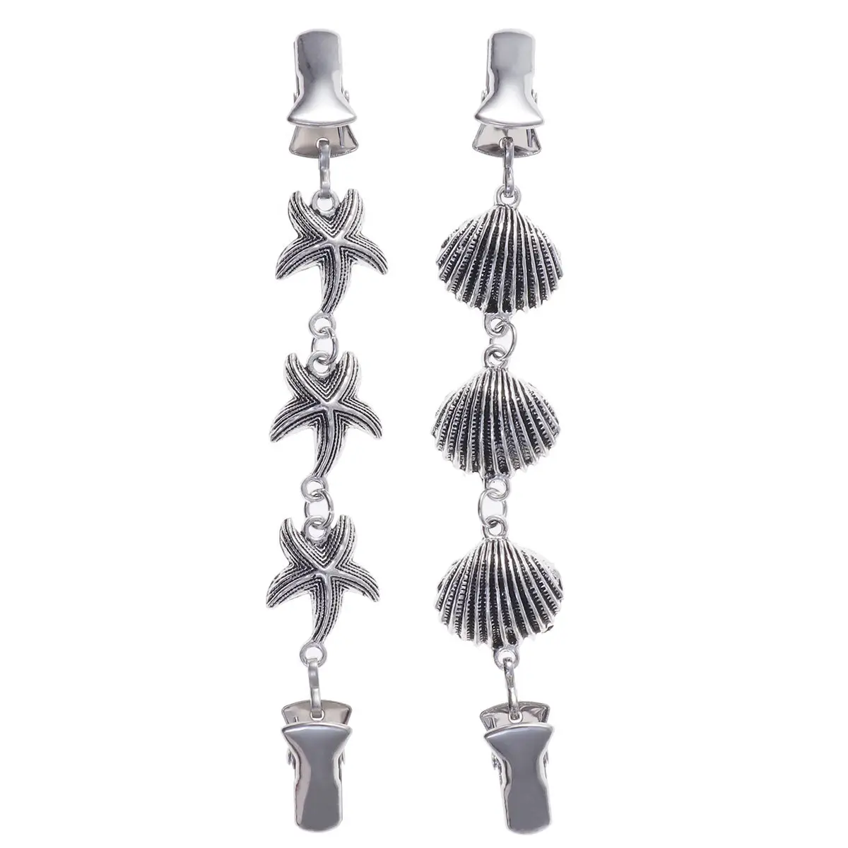 

2Pcs Sea Elements Clothing Clips Star Shell Design Sweater Chain Clips for Cardigan Vest Scarf Closure Silver Tone Fashion