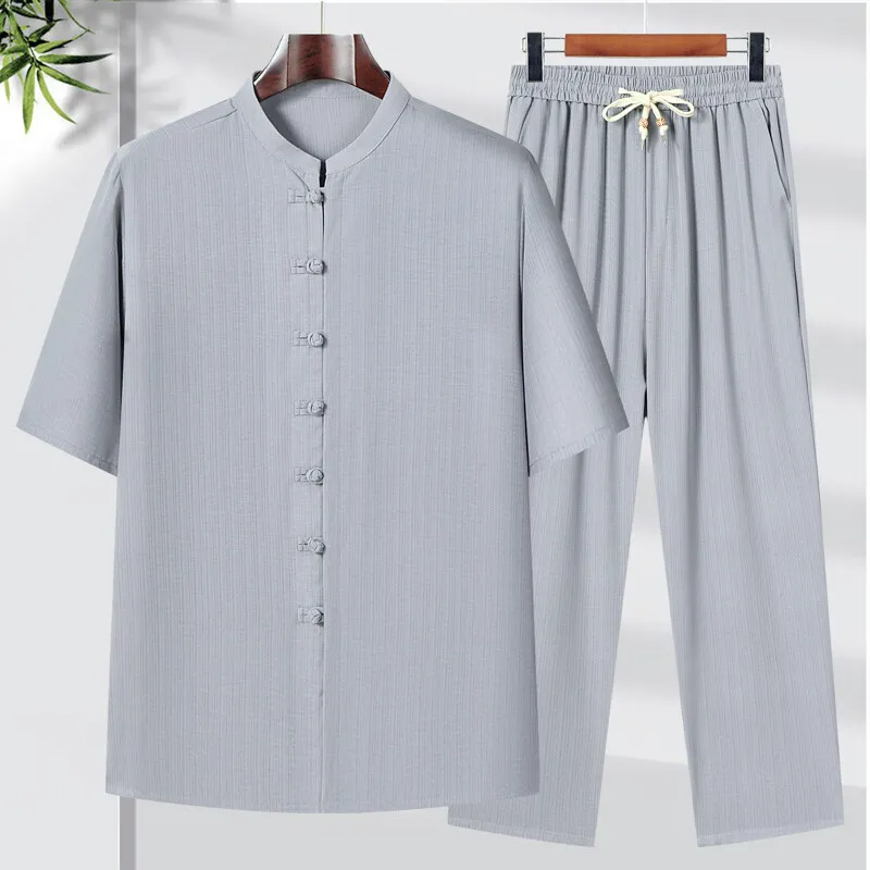 

short sleeve Cotton linen stripe Sportswear Men's Fashion Two-piece set Chinese style Shirts + Pants summer spring Casual Sets