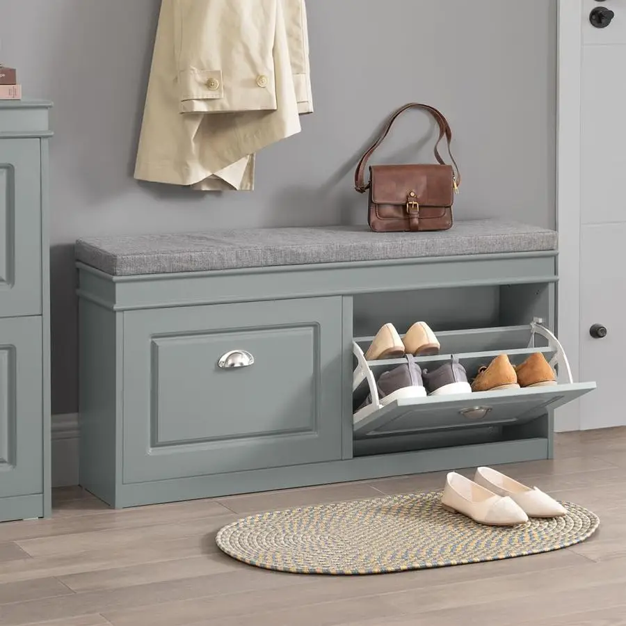 

Haotian Grey Storage Shoe Bench with 2 Flip Drawers Padded Seat Cushion, Enterway Bench ShoesCabinet Shoe Organizer