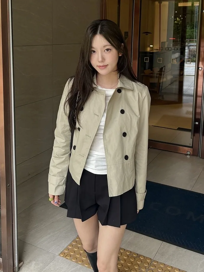 Retro Korean Style Double Breasted Short Coat Jacket Women's Autumn Winter New Simple Versatile Casual Elegant Top