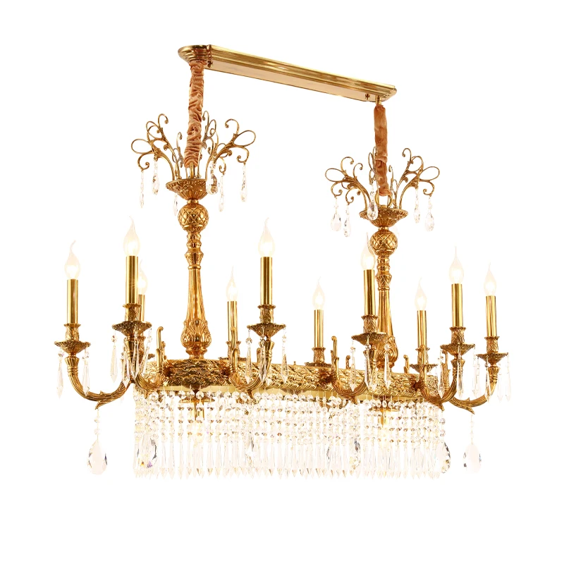 

French Brass Crystal Rectangular Chandelier European Kichen Island Dinning Room Long Table Golden Copper Candle Pendant Light