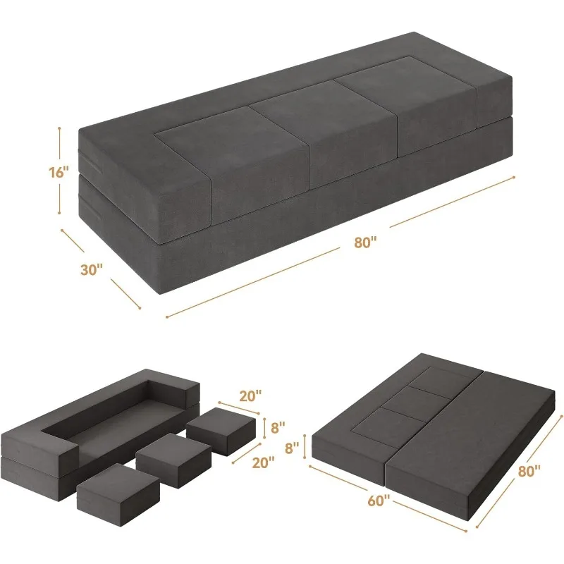 Sofá cama plegable de 80 pulgadas, sofá de suelo de espuma con 3 otomanos y funda de terciopelo lavable, sofá seccional Modular futón convertible